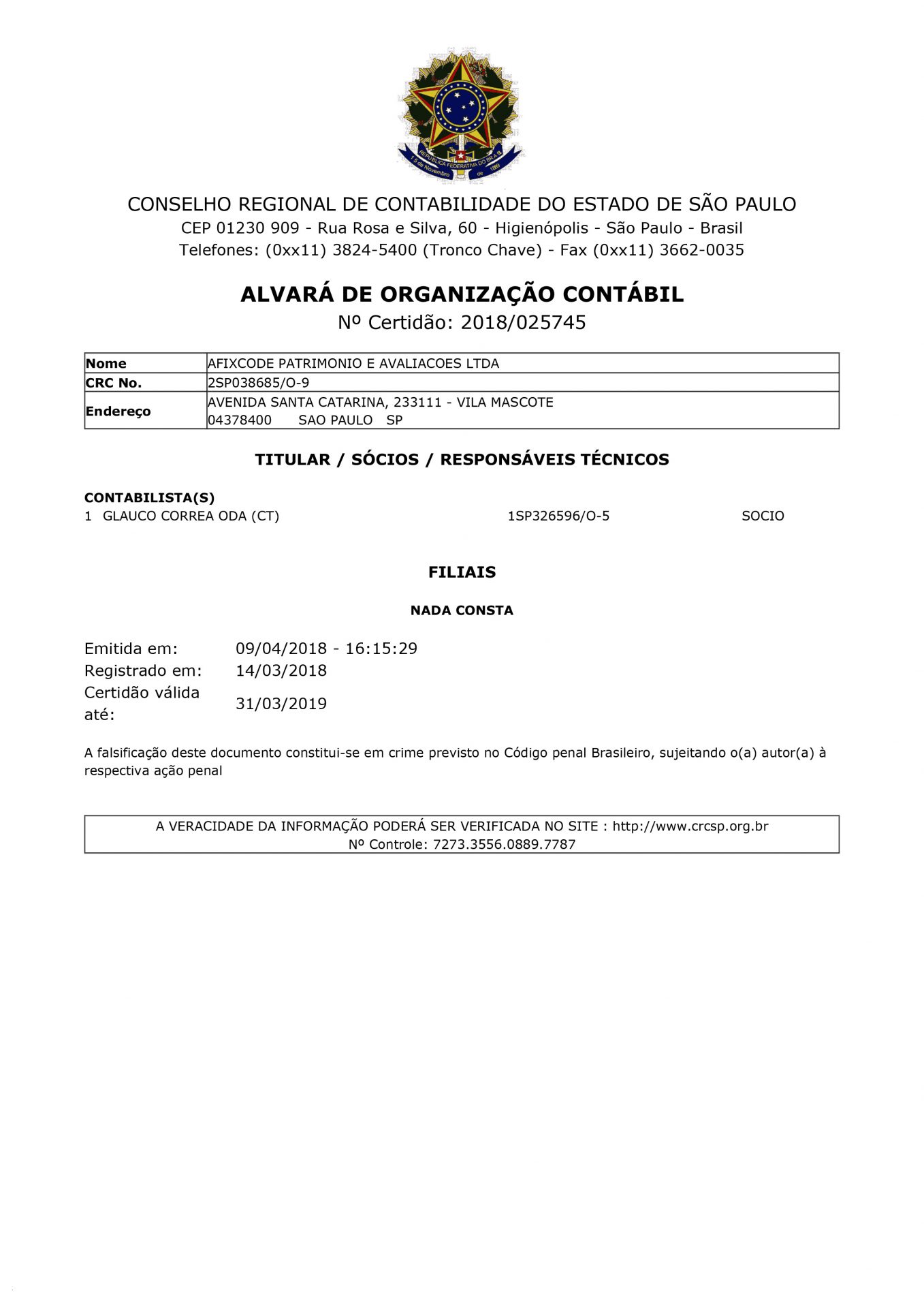 Certificado CREA 2018