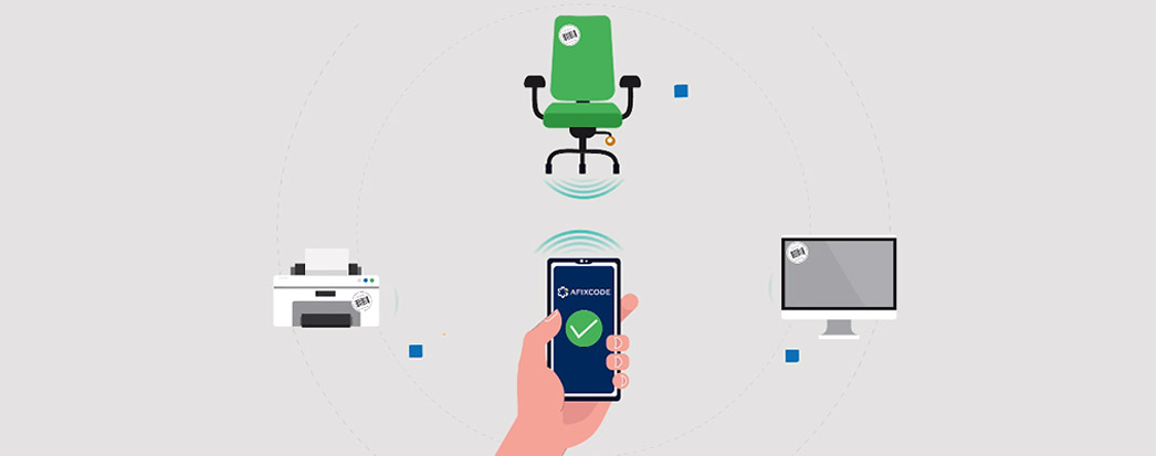 ilustração de como funciona o sistema de controle de patrimonio com rfid, mao segurando celular com aplicativo da afixcode direcionado a frente uma cadeira de escritorio com sinal de radio frequencia, canto direito tela de computador, canto esquerdo impressora