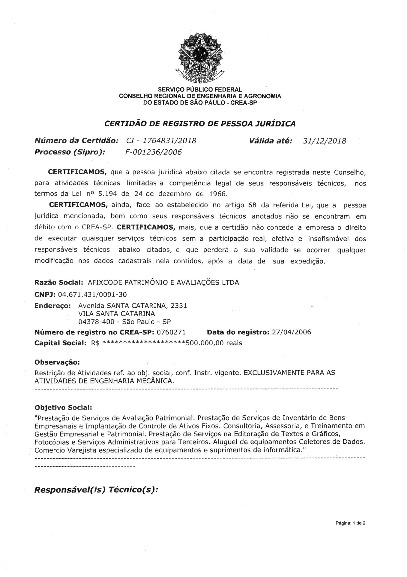 Certificado CREA-SP
