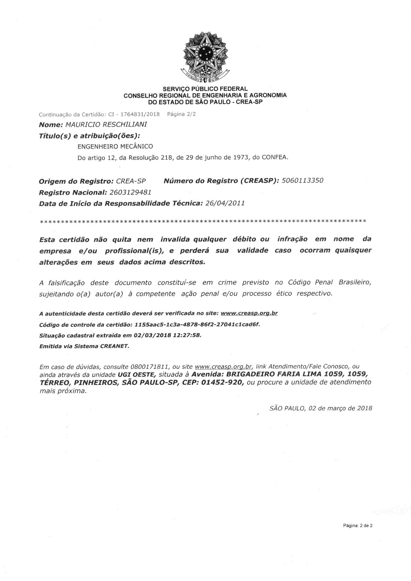 Certificado CREA-SP