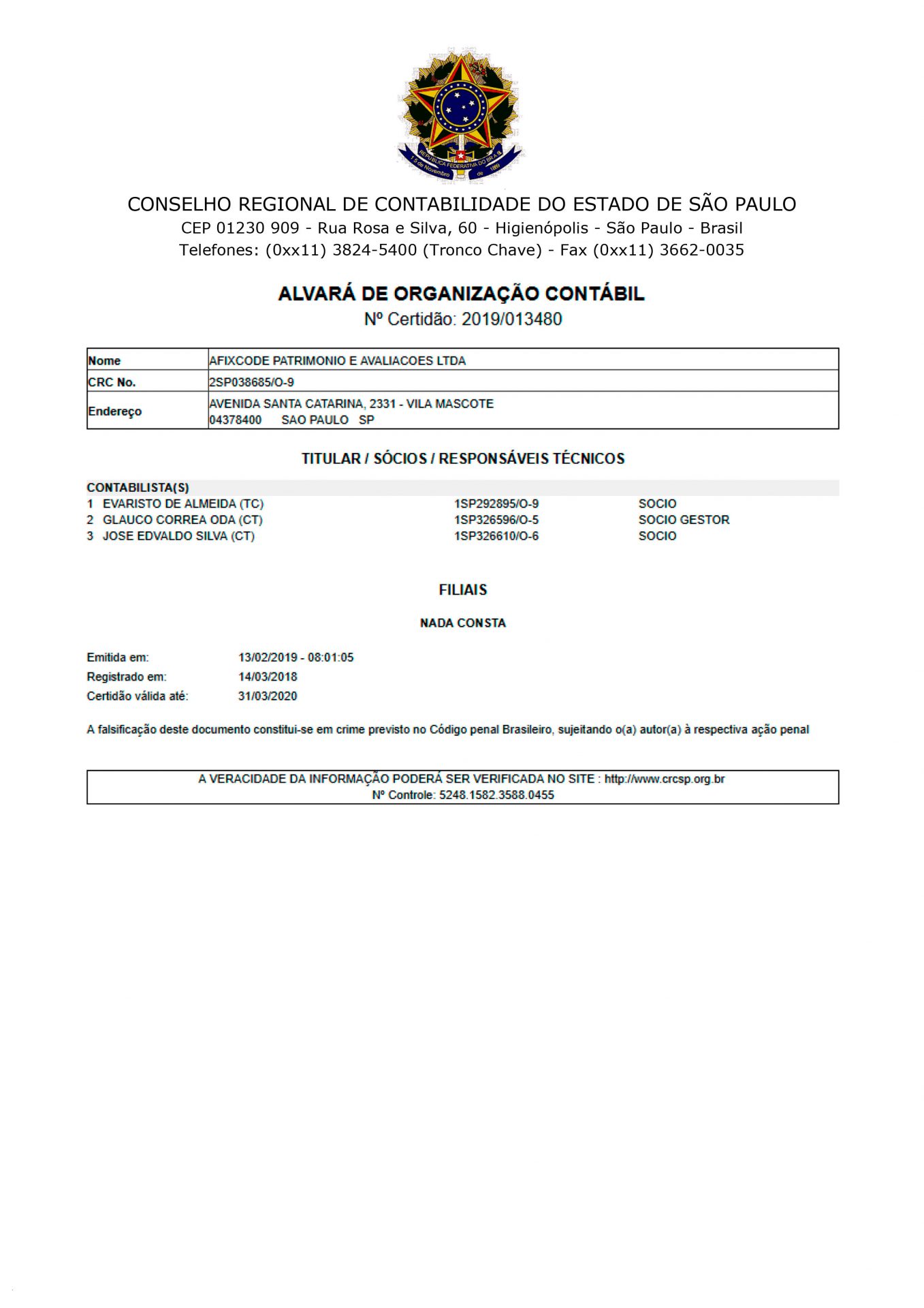 Certificado CREA 2018