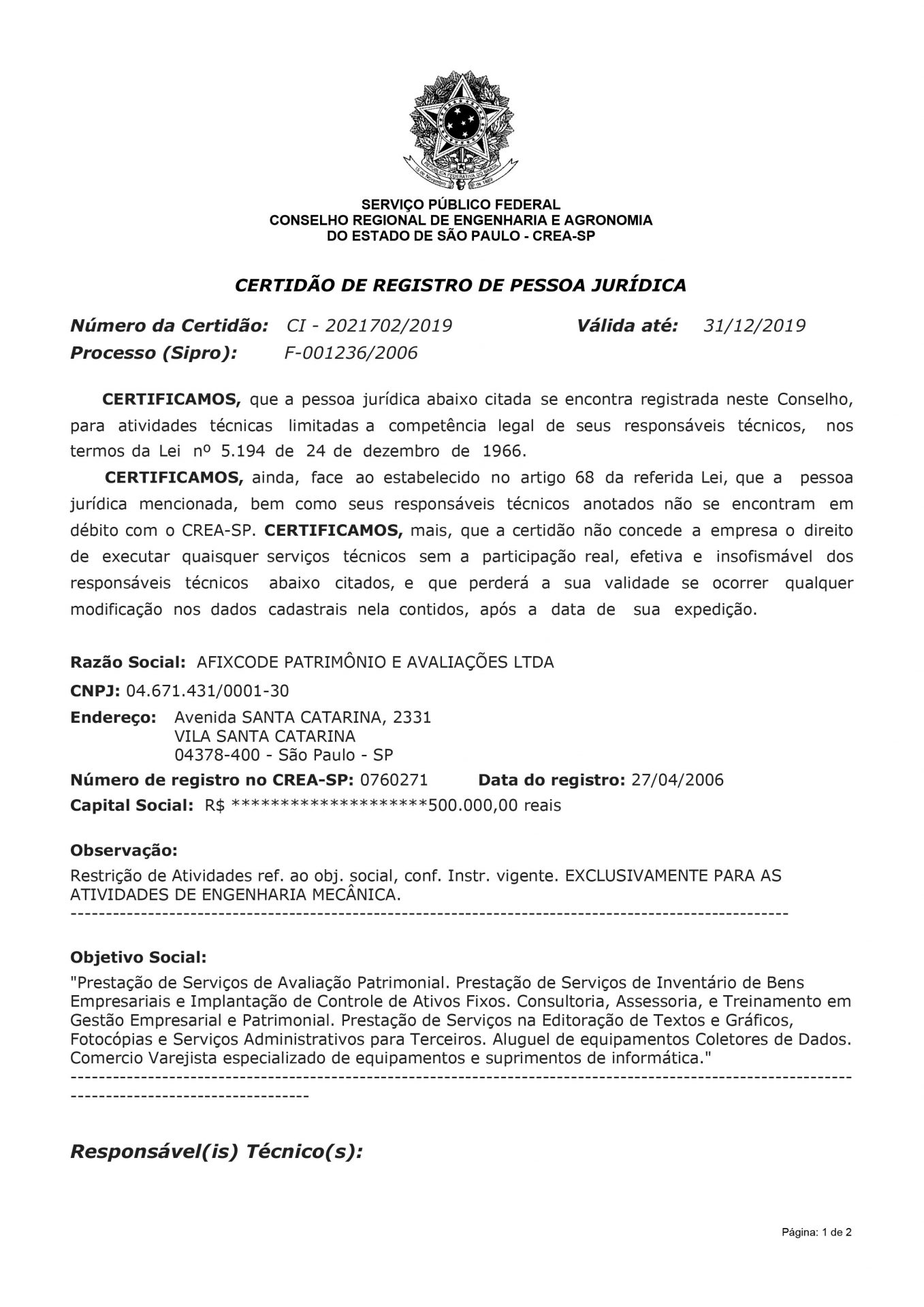 Certificado CREA-SP