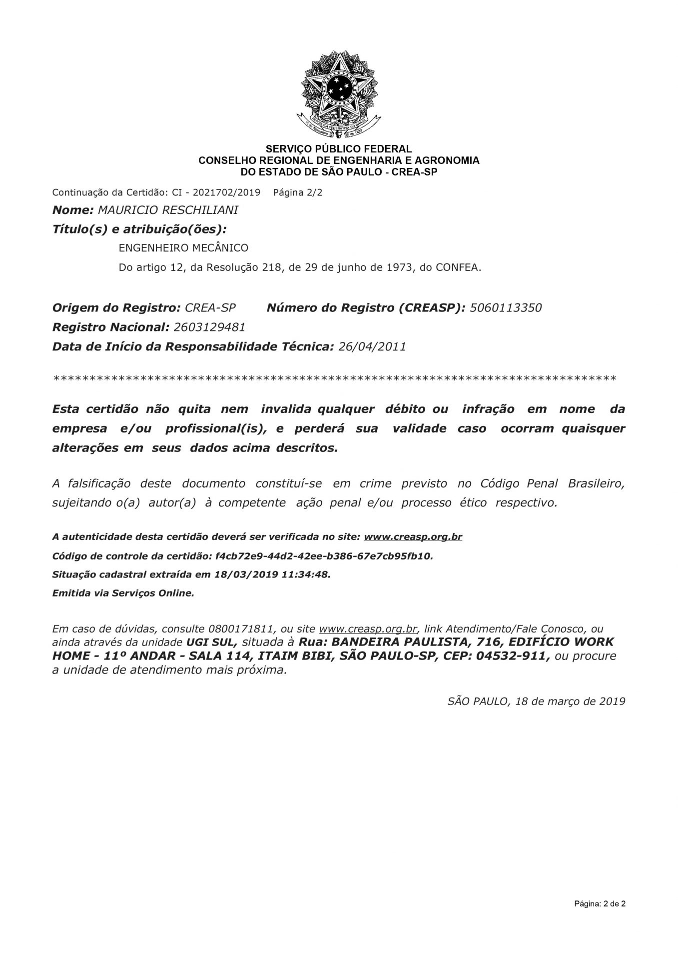 Certificado CREA-SP