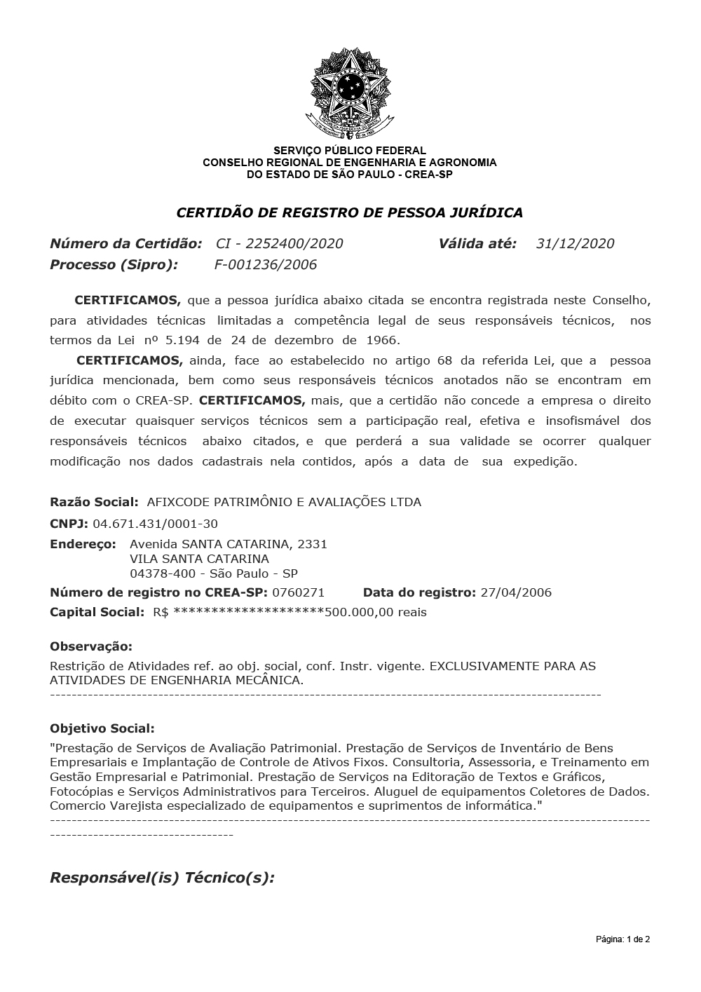 Certificado CREA-SP