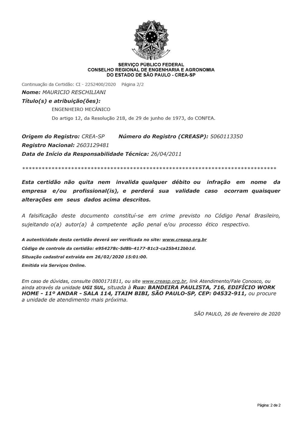 Certificado CREA-SP