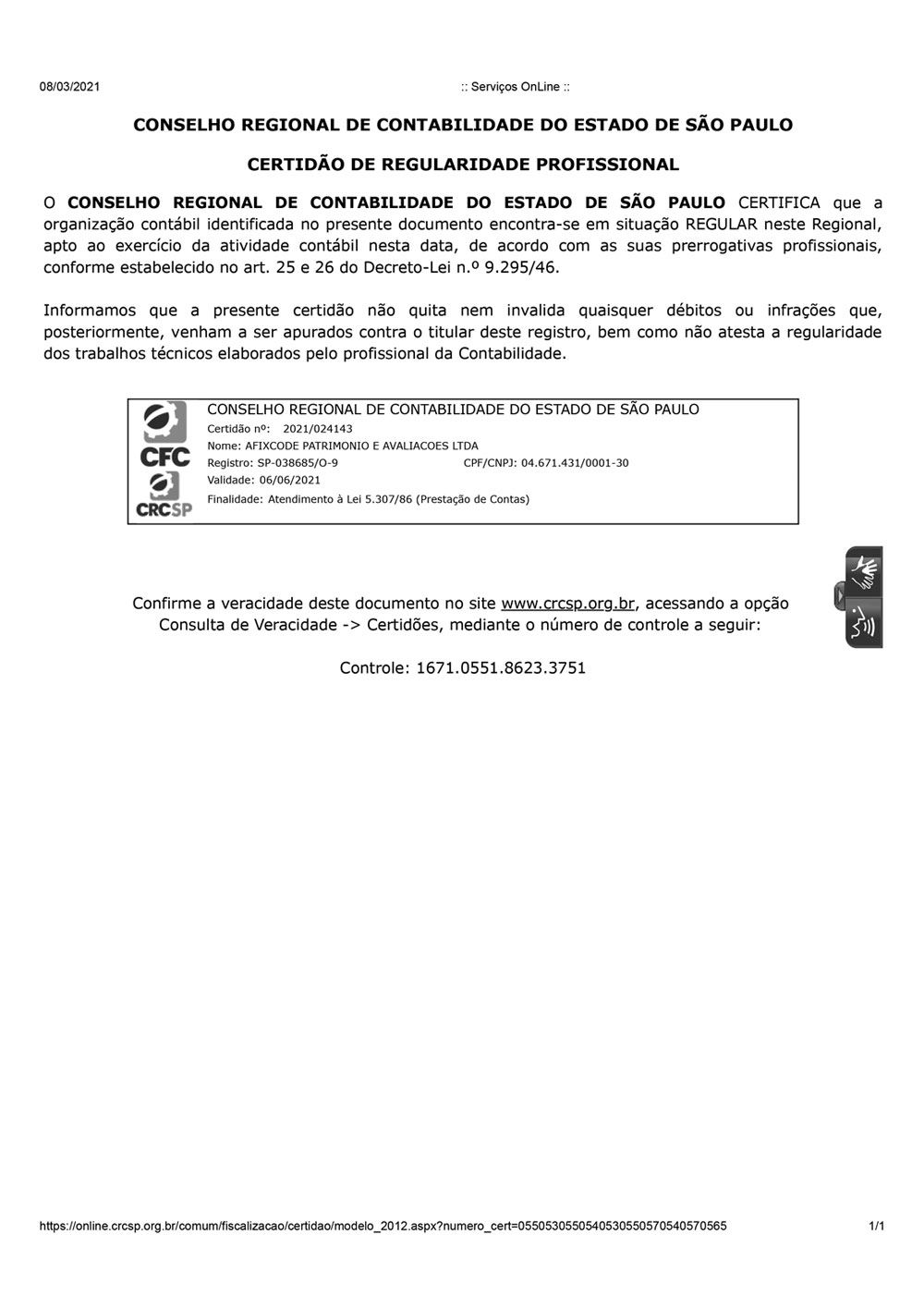 Certificado CREA 2021