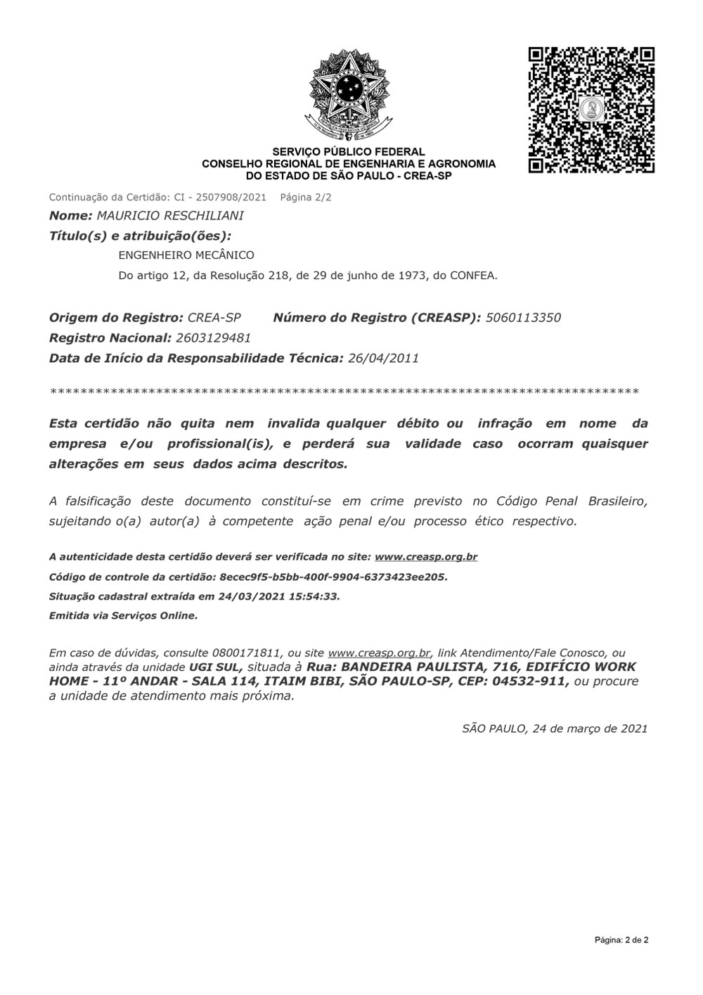 Certificado CREA-SP