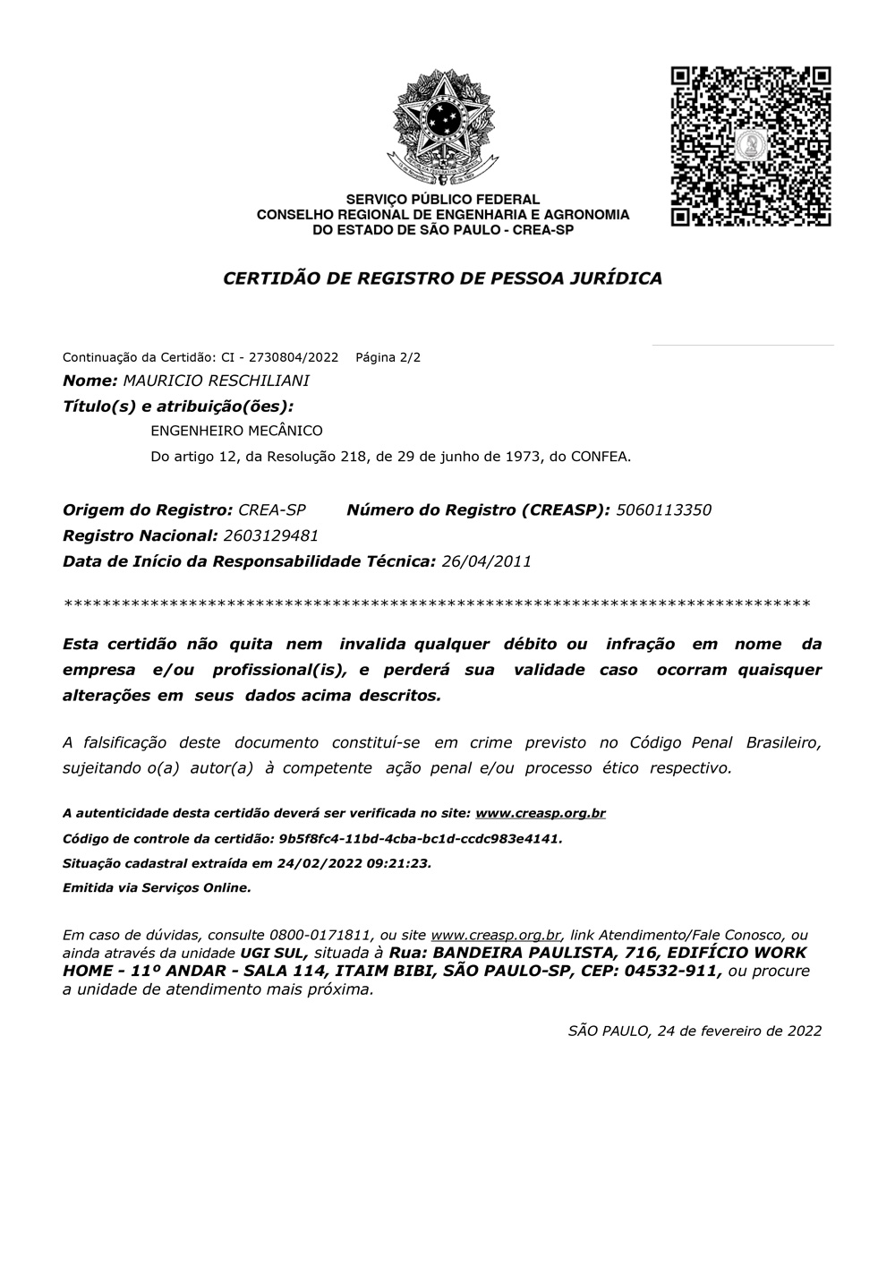 Certificado CREA-SP