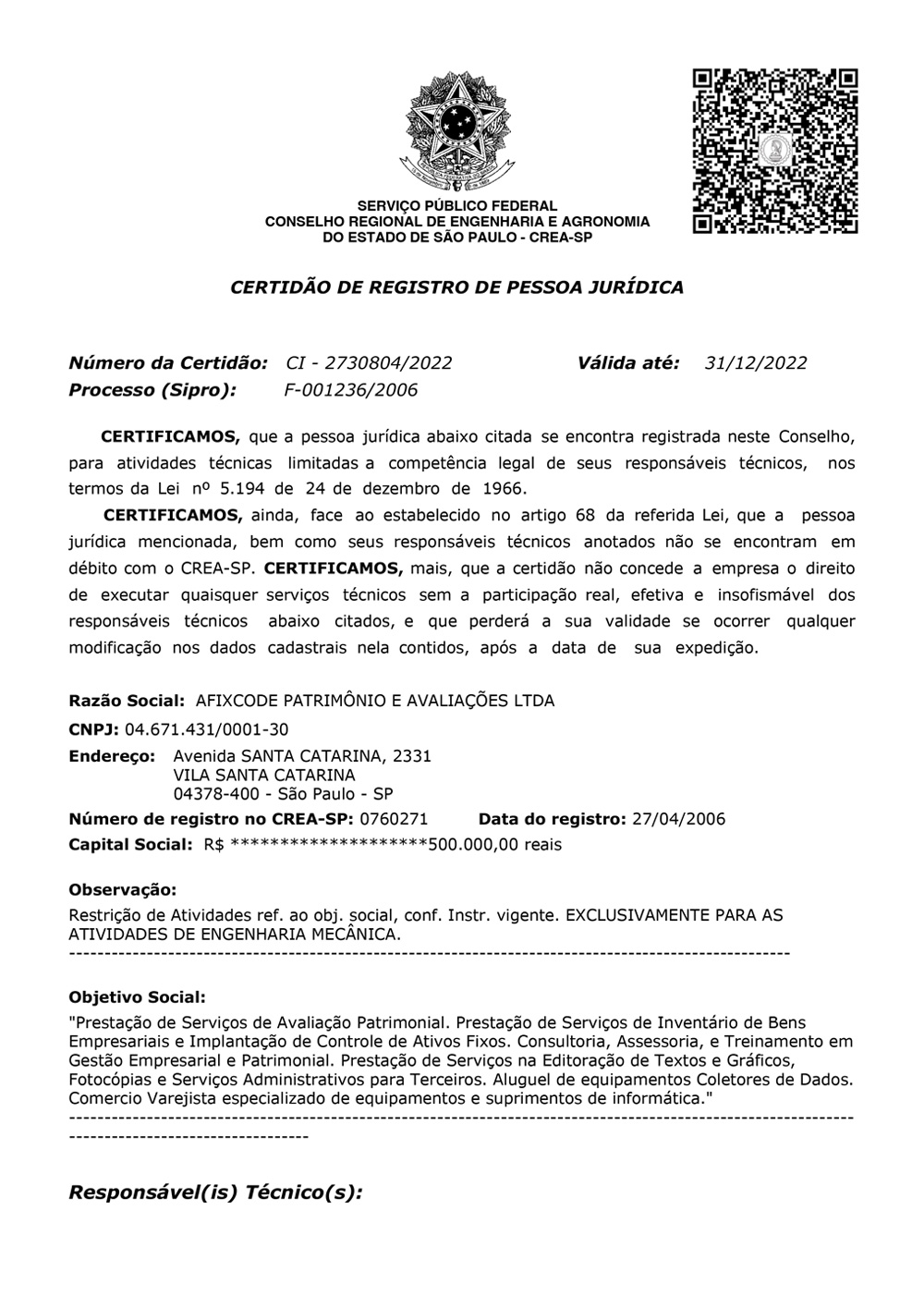 Certificado CREA-SP