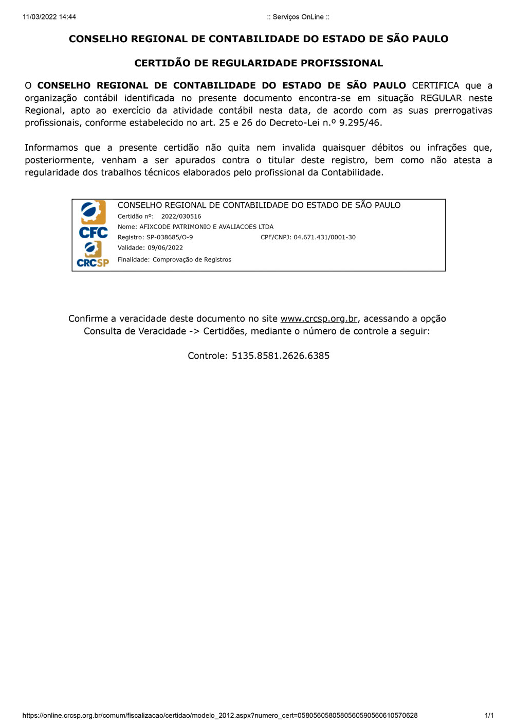 Certificado CRC Afixcode PJ 2022
