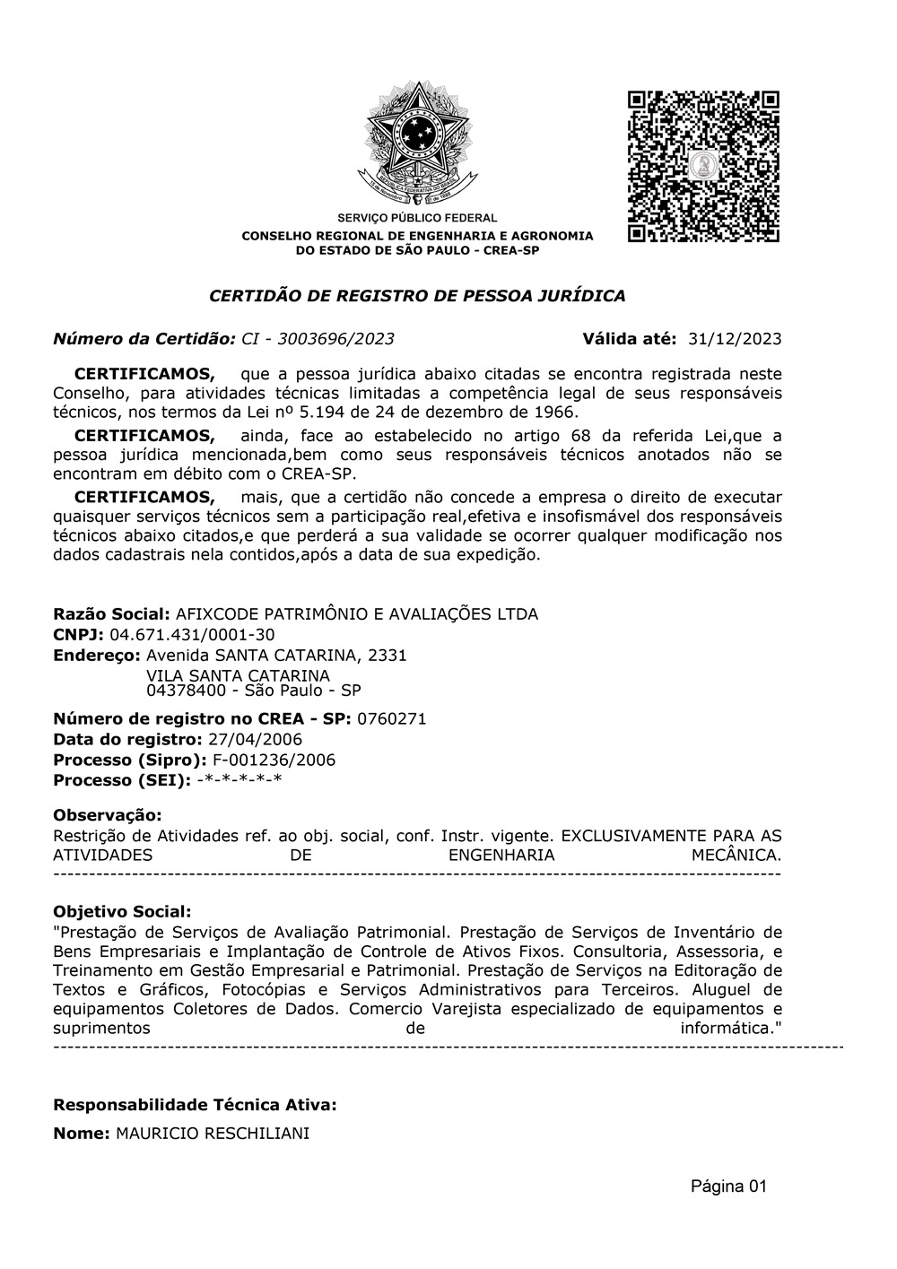 Certificado CREA-SP