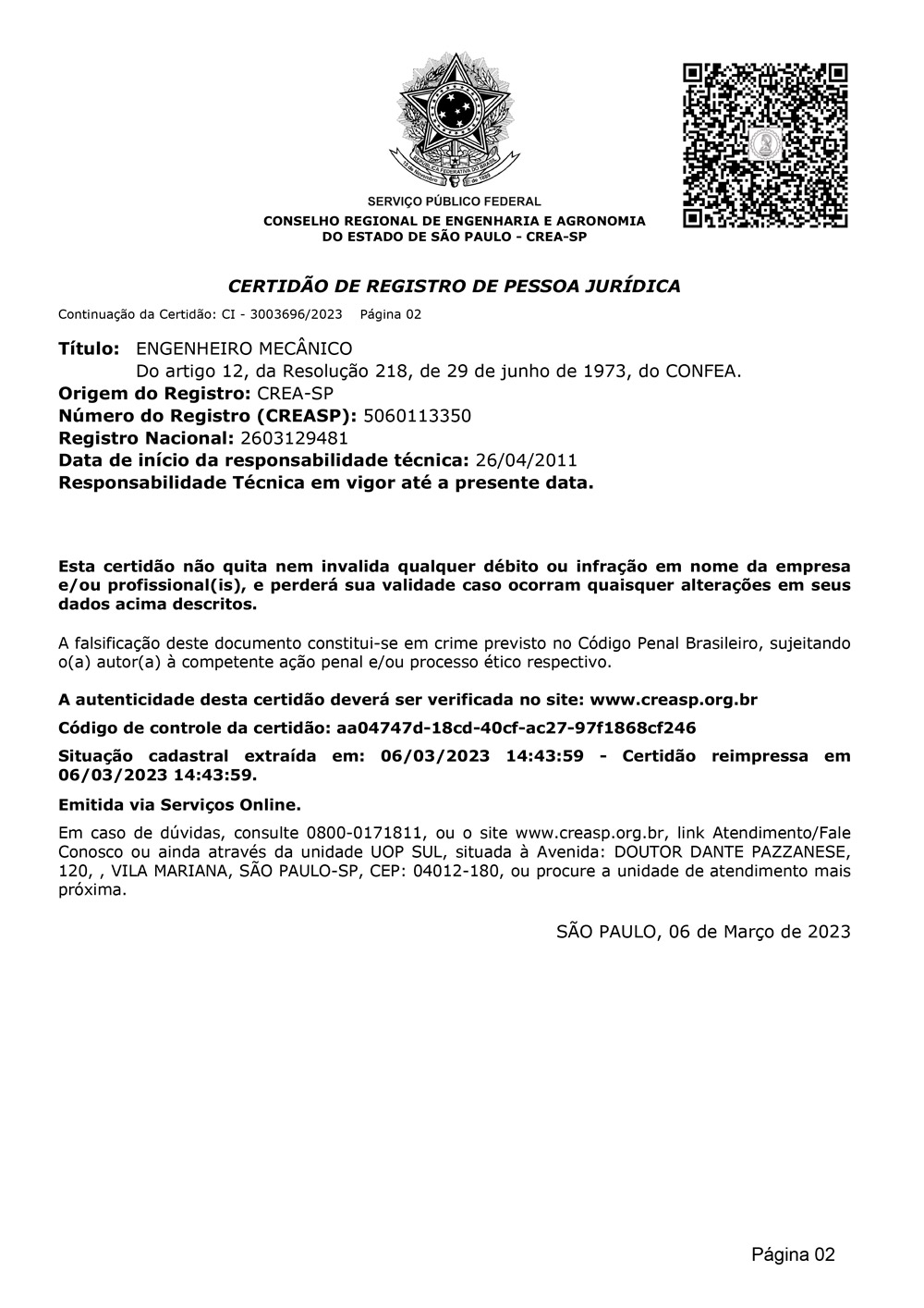 Certificado CREA-SP