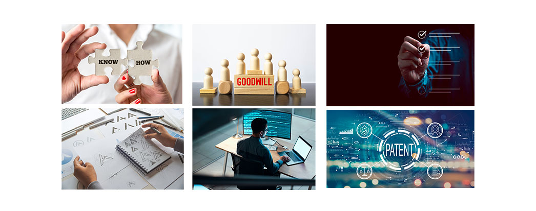 exemplos em um quadro mostrando seis fotos de bens intangiveis como: marca, patentes, softwares, licenças,