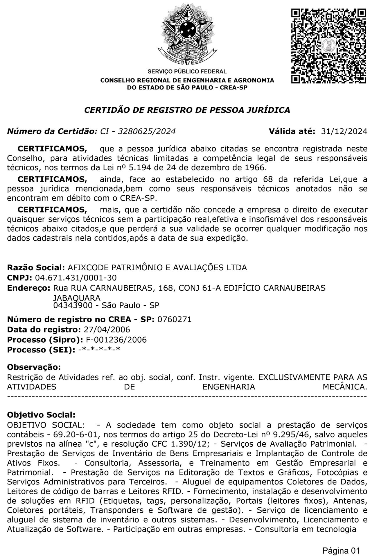 Certificado CREA-SP