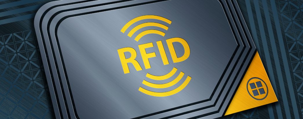 ilustração de uma tag escrito RFID destacada com sinal de sinal em cima e embaixo