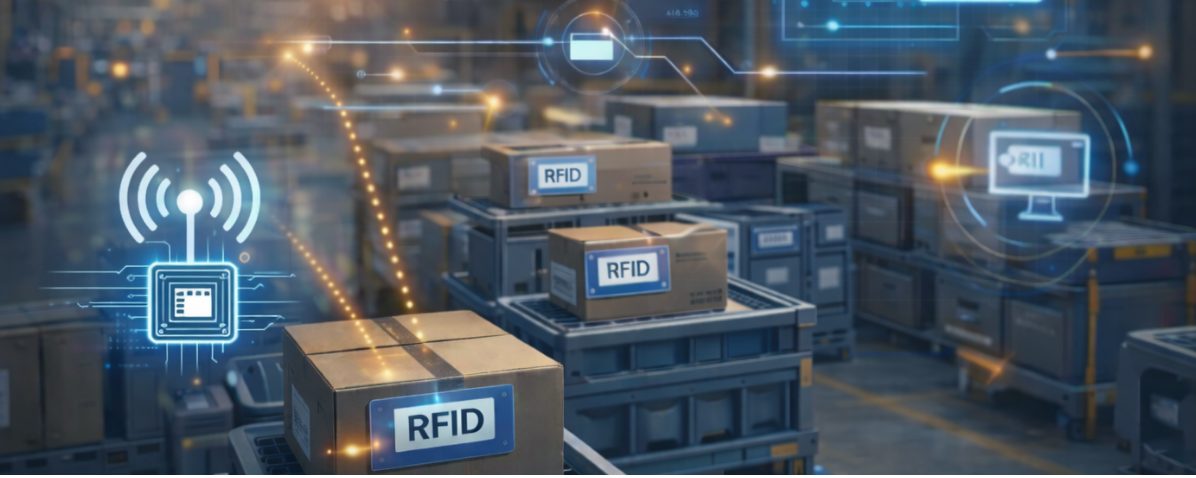 imagem de um estoque com caixas com tags rfid aplicadas, holograma do chip rfid fazendo a coleta por radio frequencia