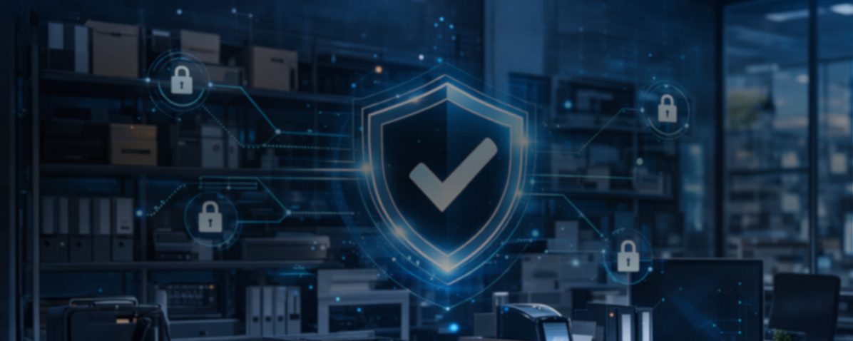 imagem com fundo de estoque e holograma com icone de prevençao com icones de segurança em volta