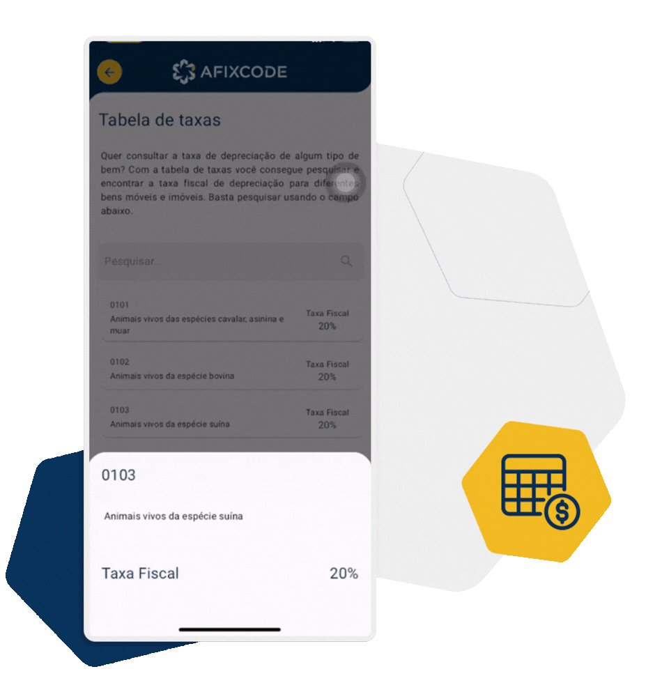 Aplicativo guia do imobilizado exibindo tabela de taxas de depreciação para consulta de bens e cálculo fiscal de ativos