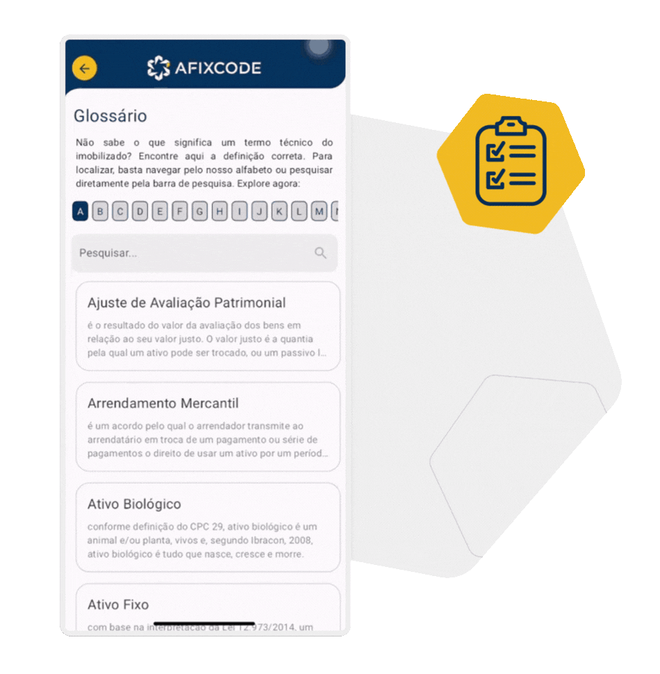 Aplicativo guia do imobilizado com glossário de termos técnicos para consulta de conceitos sobre controle patrimonial e ativos