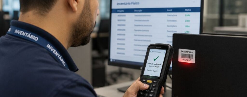 homem de frente a um ativo imobilizado segurando leitor rfid apontando para uma etiqueta de patrimonio