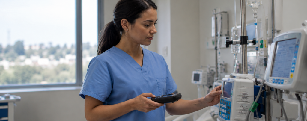 quarto hospitalar, médica usando leitor para realizar o inventário rfid no hospital